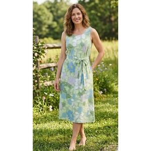 Cuddl Duds M Sleeveless Belted Flexwear Paneled Midi Dress Green Floral Pockets